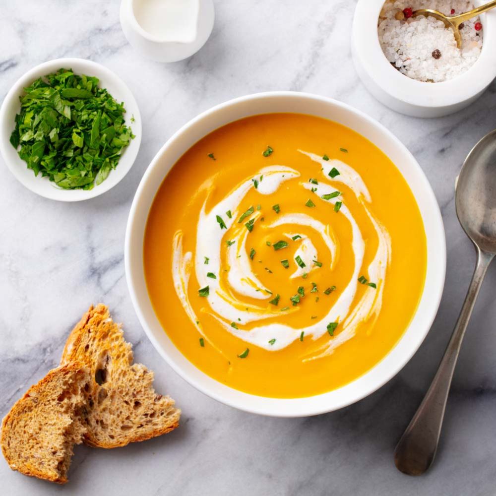 The Carriage House butternut squash soup and bread